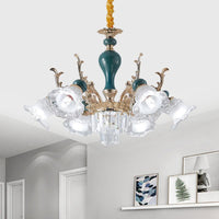 6/8 Heads Chandelier Lighting Traditional Floral Clear Crystal Ceiling Suspension Lamp in Blue - Rebooters