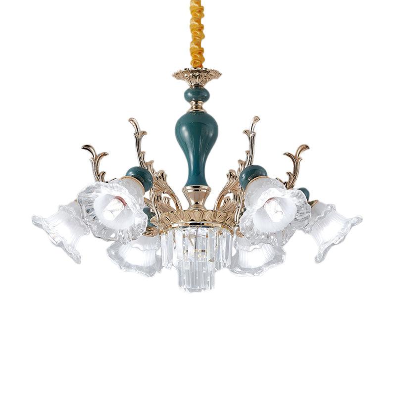6/8 Heads Chandelier Lighting Traditional Floral Clear Crystal Ceiling Suspension Lamp in Blue - Rebooters