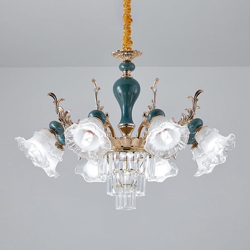 6/8 Heads Chandelier Lighting Traditional Floral Clear Crystal Ceiling Suspension Lamp in Blue - Rebooters