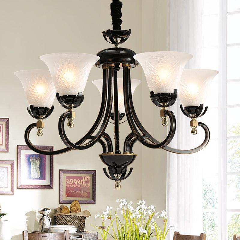 5/8-Bulb Flared Ceiling Chandelier Retro Black Cream Glass - Rebooters