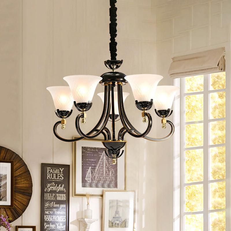 5/8-Bulb Flared Ceiling Chandelier Retro Black Cream Glass - Rebooters