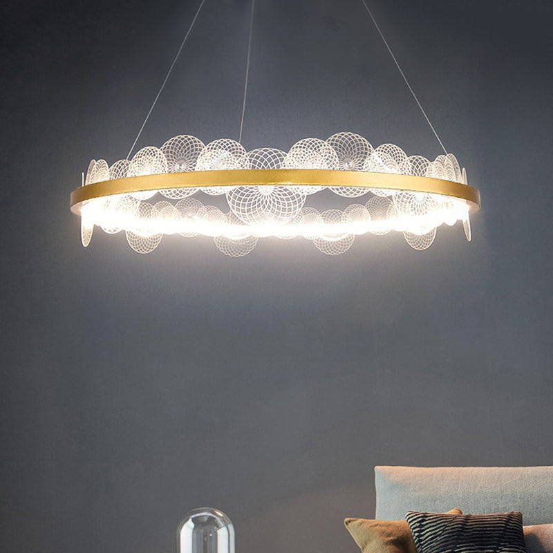 Transparent Flaked Hanging Lamp Retro Stylish Acrylic LED Chandelier with Gold Hoop - Rebooters