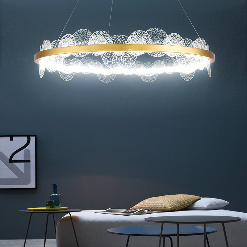 Transparent Flaked Hanging Lamp Retro Stylish Acrylic LED Chandelier with Gold Hoop - Rebooters