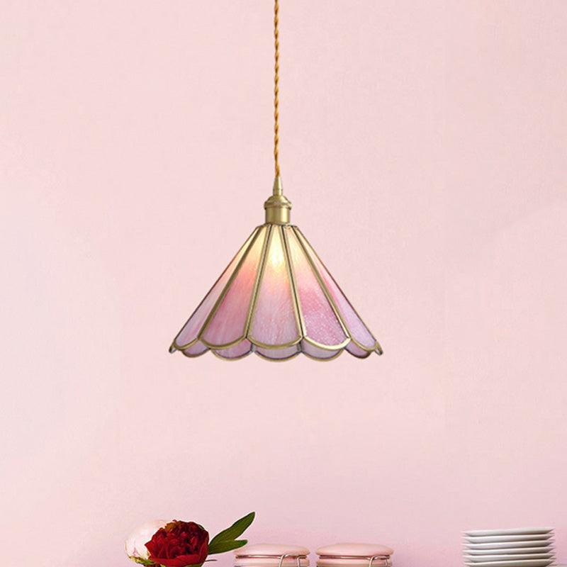 1 Head Suspension Pendant Light Korean Garden Flowerbud Pink Glass - Rebooters