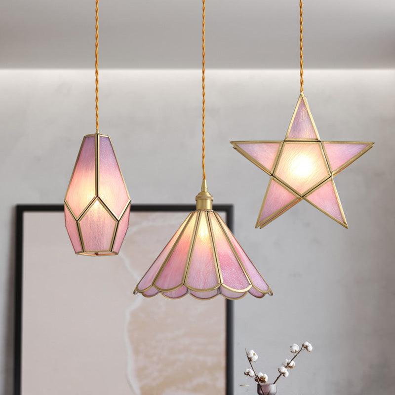 1 Head Suspension Pendant Light Korean Garden Flowerbud Pink Glass - Rebooters