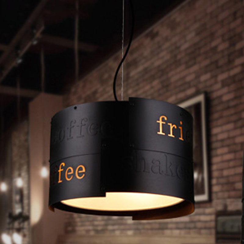 3-Light Chandelier Warehouse Script Printing Drum Iron Drop Lamp in Black - Rebooters