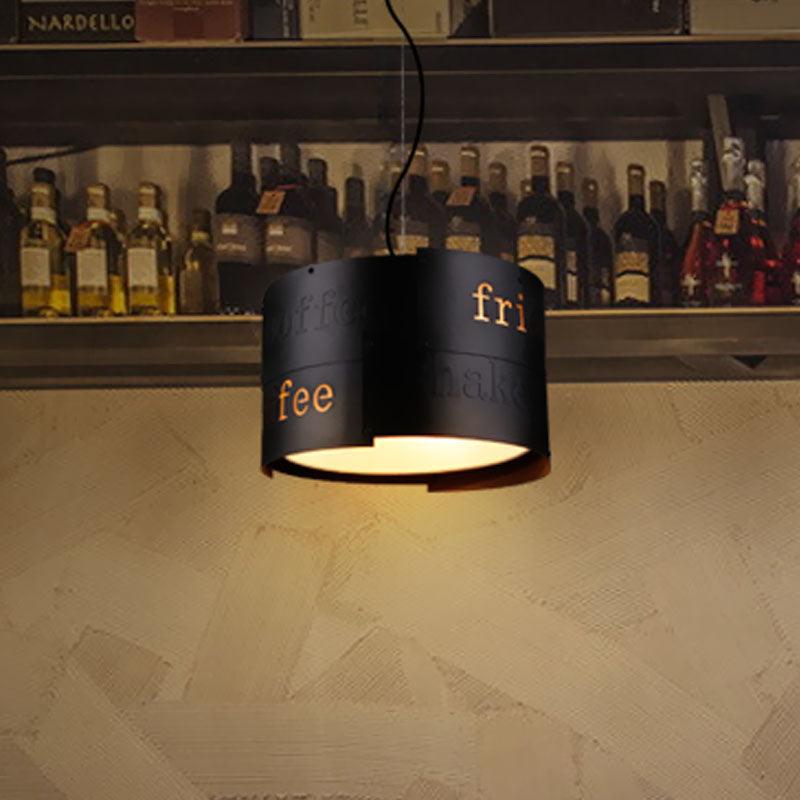 3-Light Chandelier Warehouse Script Printing Drum Iron Drop Lamp in Black - Rebooters