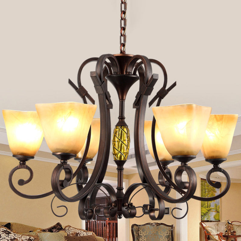 Pyramid Living Room Chandelier Lighting Antique Beige Glass 6 Heads Brown Suspension Light - Rebooters