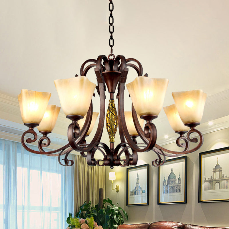 Pyramid Living Room Chandelier Lighting Antique Beige Glass 6 Heads Brown Suspension Light - Rebooters