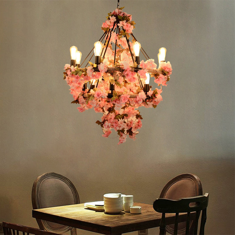 14-Bulb Chandelier Light Fixture Warehouse Bare Bulb Lamp in Black with Pink Flower and Rope - Rebooters