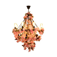 14-Bulb Chandelier Light Fixture Warehouse Bare Bulb Lamp in Black with Pink Flower and Rope - Rebooters