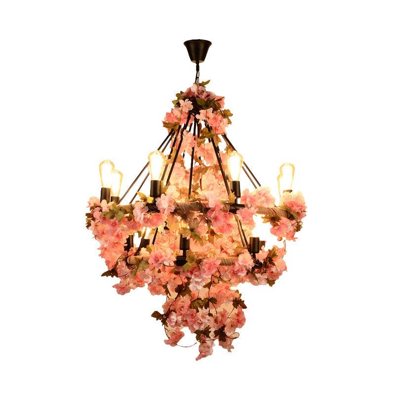 14-Bulb Chandelier Light Fixture Warehouse Bare Bulb Lamp in Black with Pink Flower and Rope - Rebooters