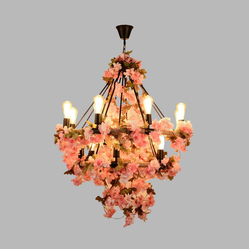 14-Bulb Chandelier Light Fixture Warehouse Bare Bulb Lamp in Black with Pink Flower and Rope - Rebooters