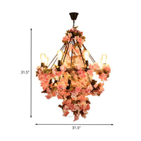 14-Bulb Chandelier Light Fixture Warehouse Bare Bulb Lamp in Black with Pink Flower and Rope - Rebooters