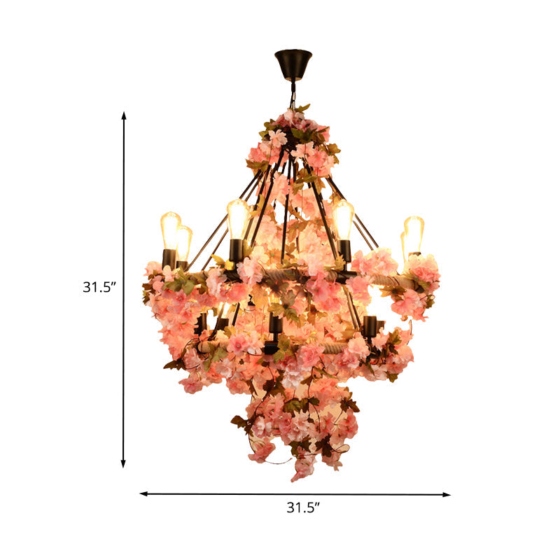 14-Bulb Chandelier Light Fixture Warehouse Bare Bulb Lamp in Black with Pink Flower and Rope - Rebooters