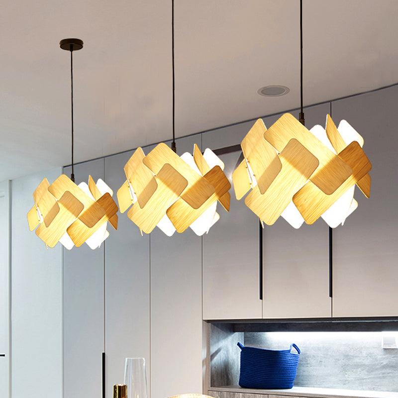 Beige Spliced Circle Chandelier Modernist 3 Heads Wood Fixture - Rebooters