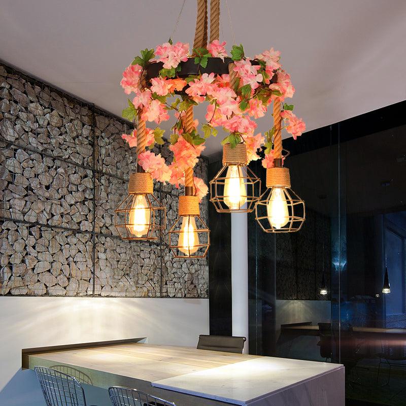 4/8 Lights Orb Cage Pendant Chandelier Retro Black Hemp Rope Ceiling Hang Fixture - Rebooters