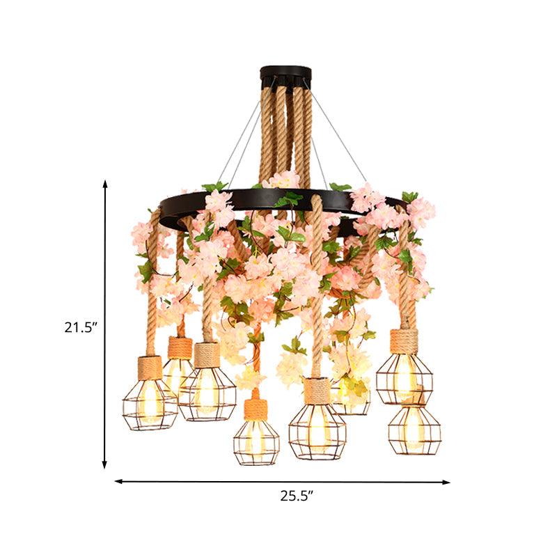 4/8 Lights Orb Cage Pendant Chandelier Retro Black Hemp Rope Ceiling Hang Fixture - Rebooters