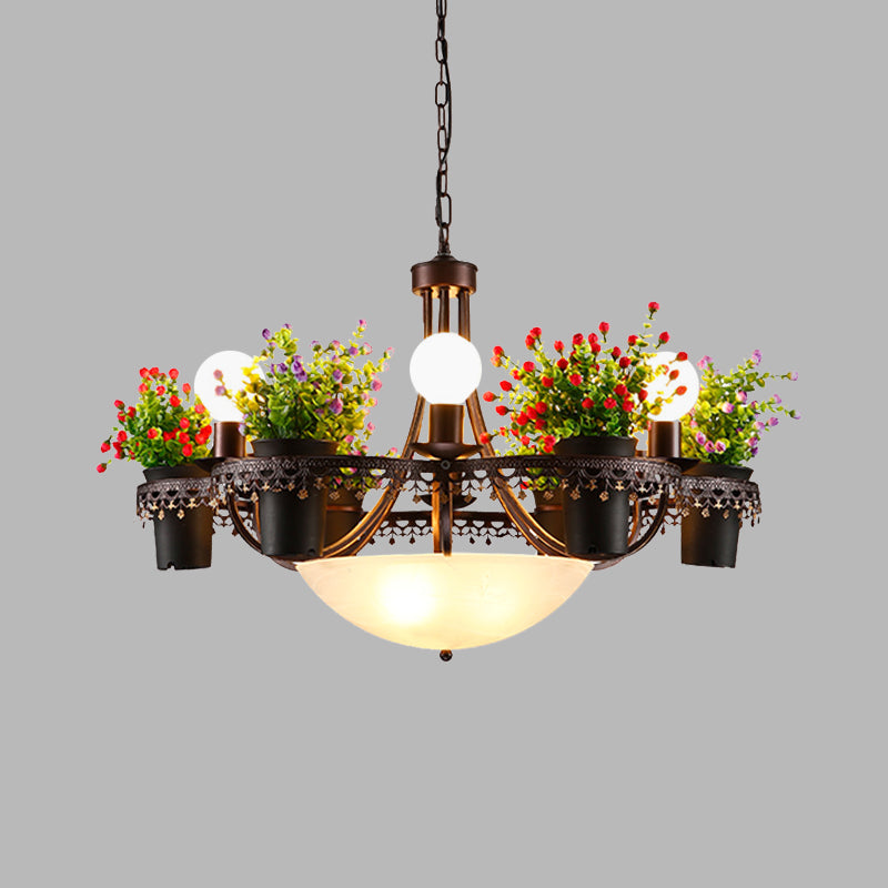 Bowl Restaurant Chandelier Pendant Light Opal Glass 9-Bulb Black Ceiling Lamp - Rebooters