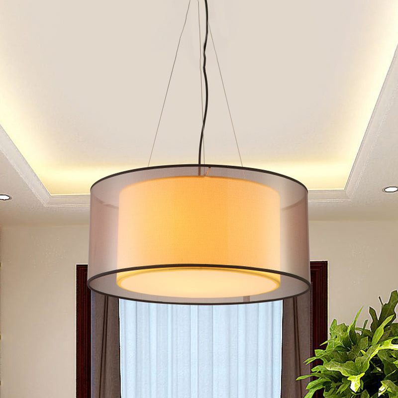 2 Layers Rectangle Round Chandelier Modern Fabric 3 Bulbs Dining Room Ceiling Lamp in Flaxen - Rebooters