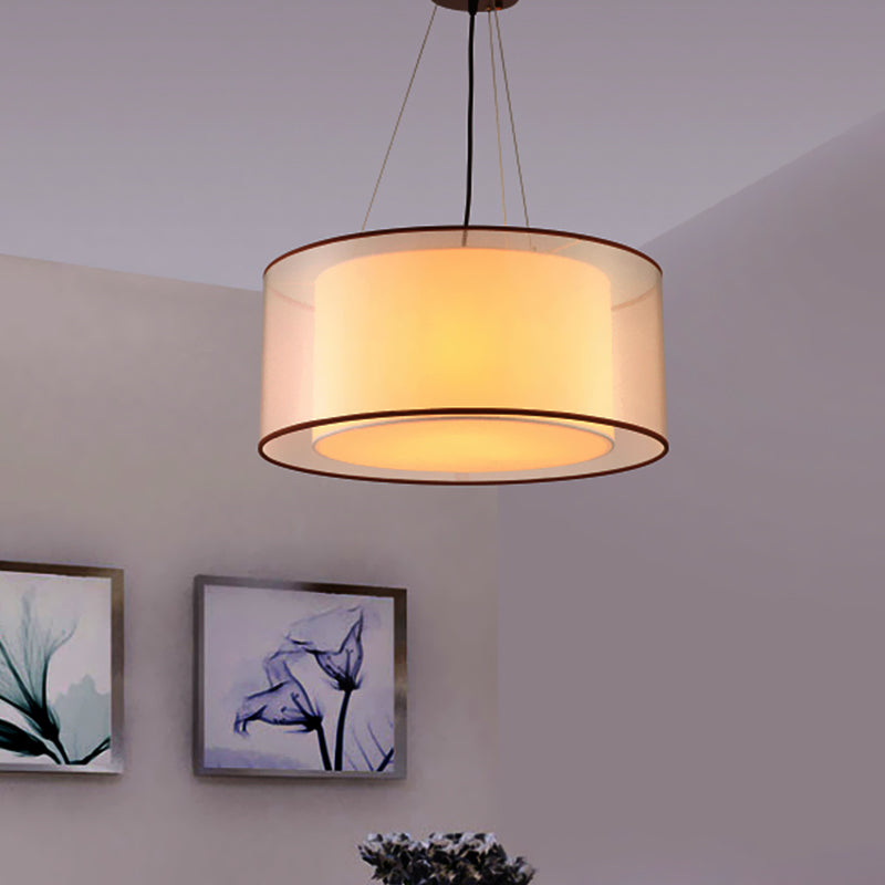 2 Layers Rectangle Round Chandelier Modern Fabric 3 Bulbs Dining Room Ceiling Lamp in Flaxen - Rebooters