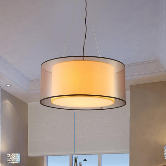 2 Layers Rectangle Round Chandelier Modern Fabric 3 Bulbs Dining Room Ceiling Lamp in Flaxen - Rebooters