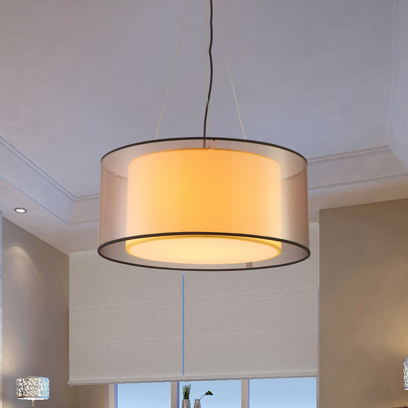 2 Layers Rectangle Round Chandelier Modern Fabric 3 Bulbs Dining Room Ceiling Lamp in Flaxen - Rebooters