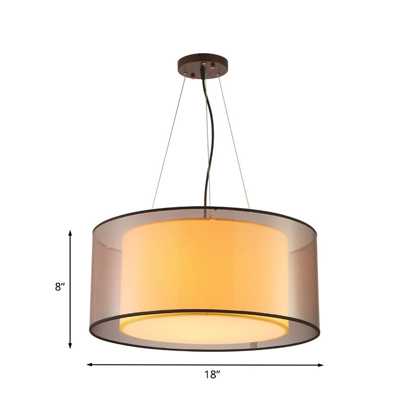 2 Layers Rectangle Round Chandelier Modern Fabric 3 Bulbs Dining Room Ceiling Lamp in Flaxen - Rebooters