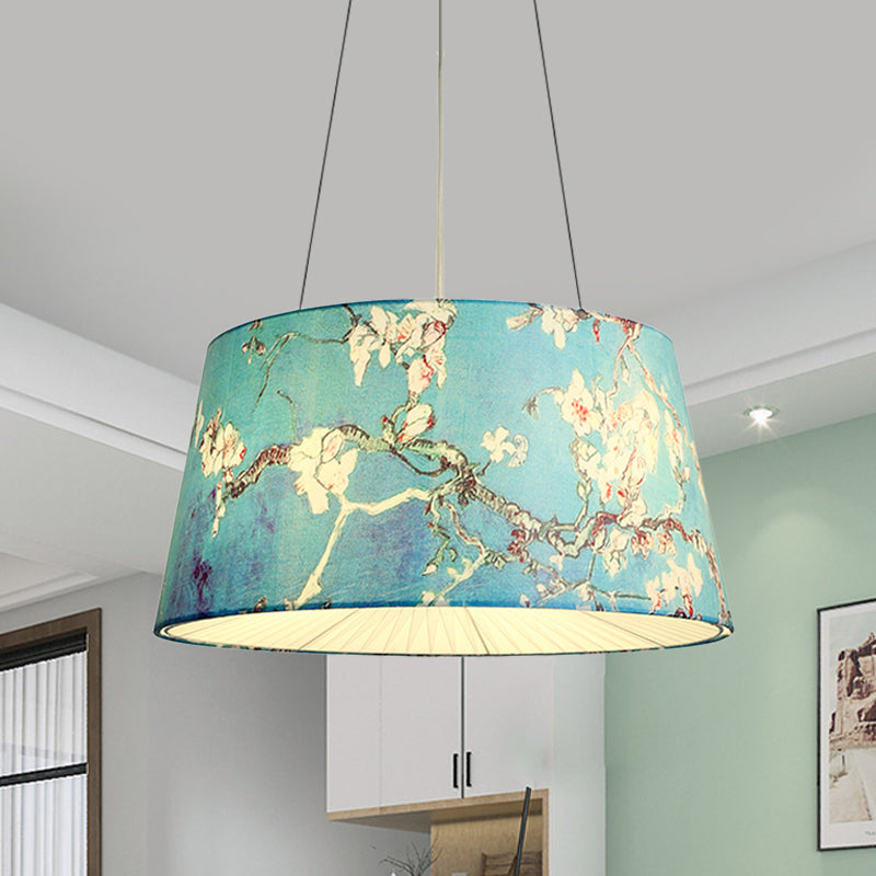 Blue/Beige 4 Heads Chandelier Light Pastoral Fabric Drum Lamp - Rebooters
