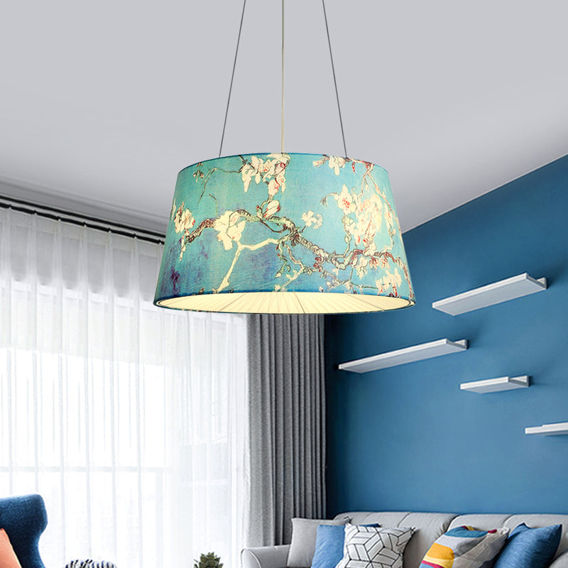 Blue/Beige 4 Heads Chandelier Light Pastoral Fabric Drum Lamp - Rebooters