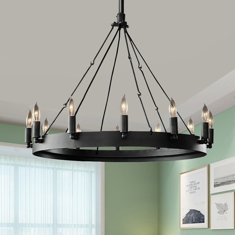 12/18-Light Round Hanging Chandelier Traditional Black Metal Pendant Light with Candle Design - Rebooters