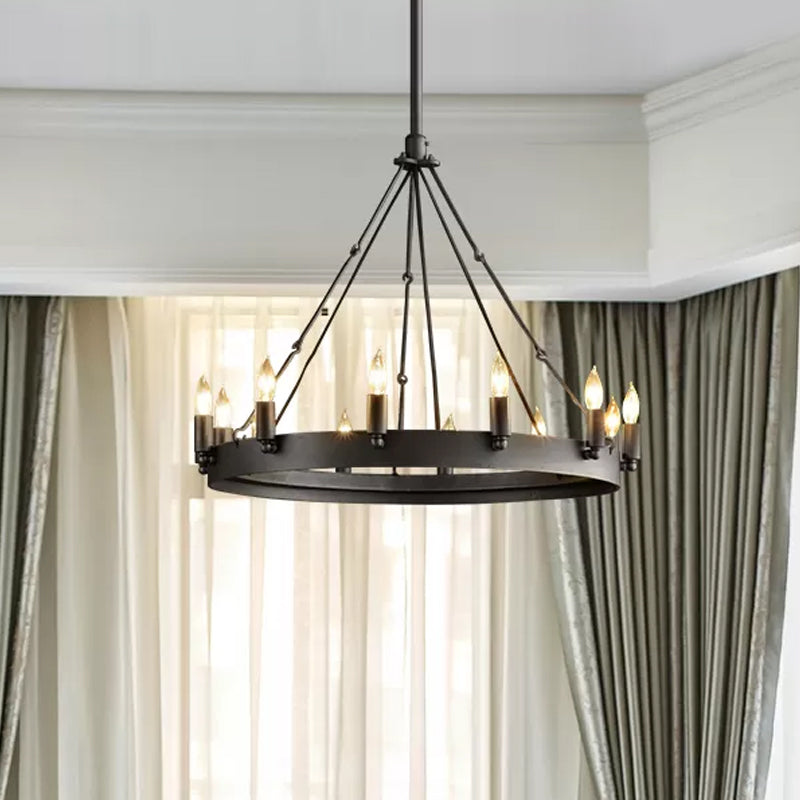 12/18-Light Round Hanging Chandelier Traditional Black Metal Pendant Light with Candle Design - Rebooters