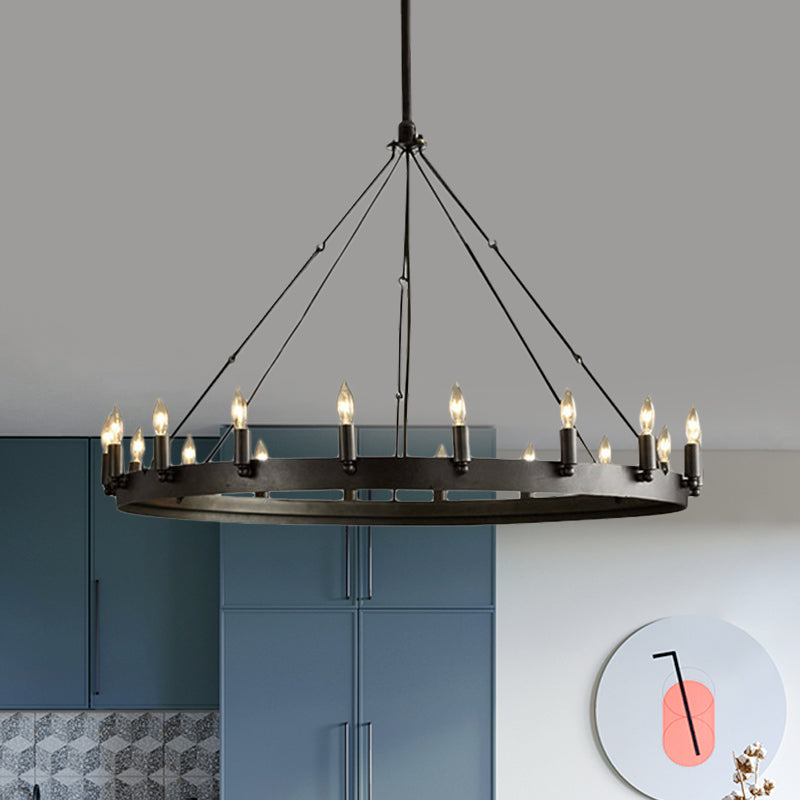 12/18-Light Round Hanging Chandelier Traditional Black Metal Pendant Light with Candle Design - Rebooters