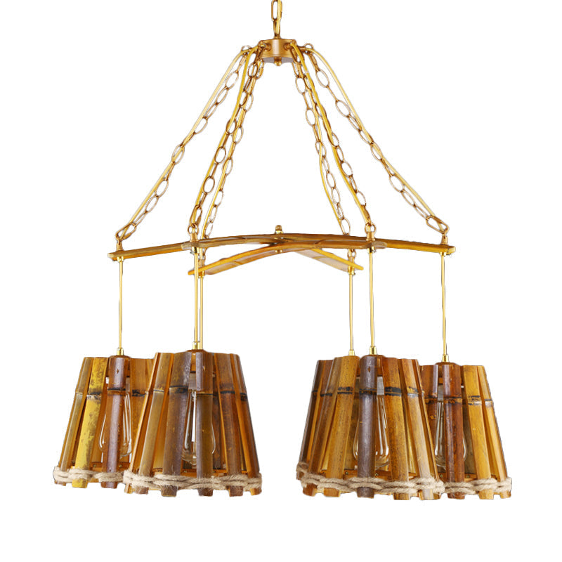 Yellow 6 Lights Chandelier Lamp Retro Bamboo Conical Lighting - Rebooters