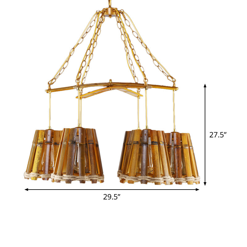 Yellow 6 Lights Chandelier Lamp Retro Bamboo Conical Lighting - Rebooters