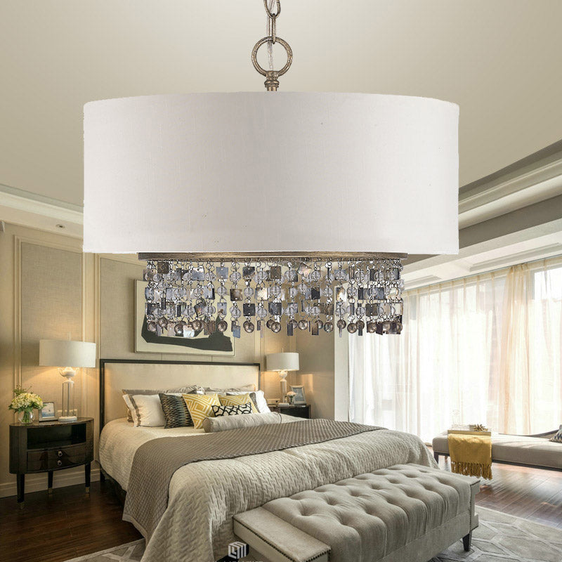 Fabric White Finish Ceiling Chandelier Drum Shade 5-Light Pendant Light Fixture - Rebooters