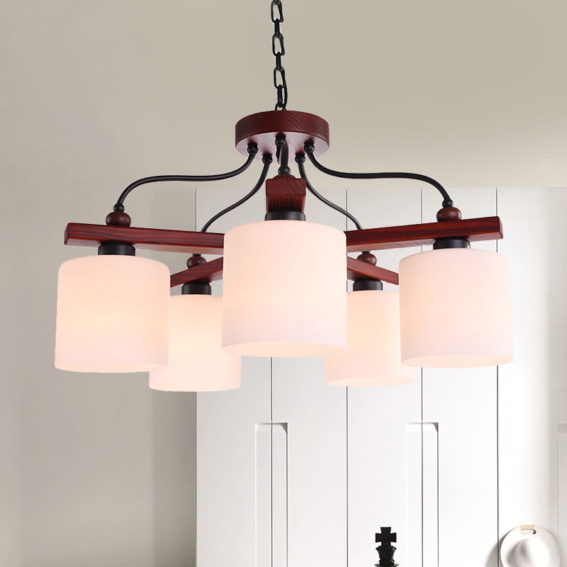 Retro Cylindrical Hanging Chandelier 5 Lights Cream Glass - Rebooters