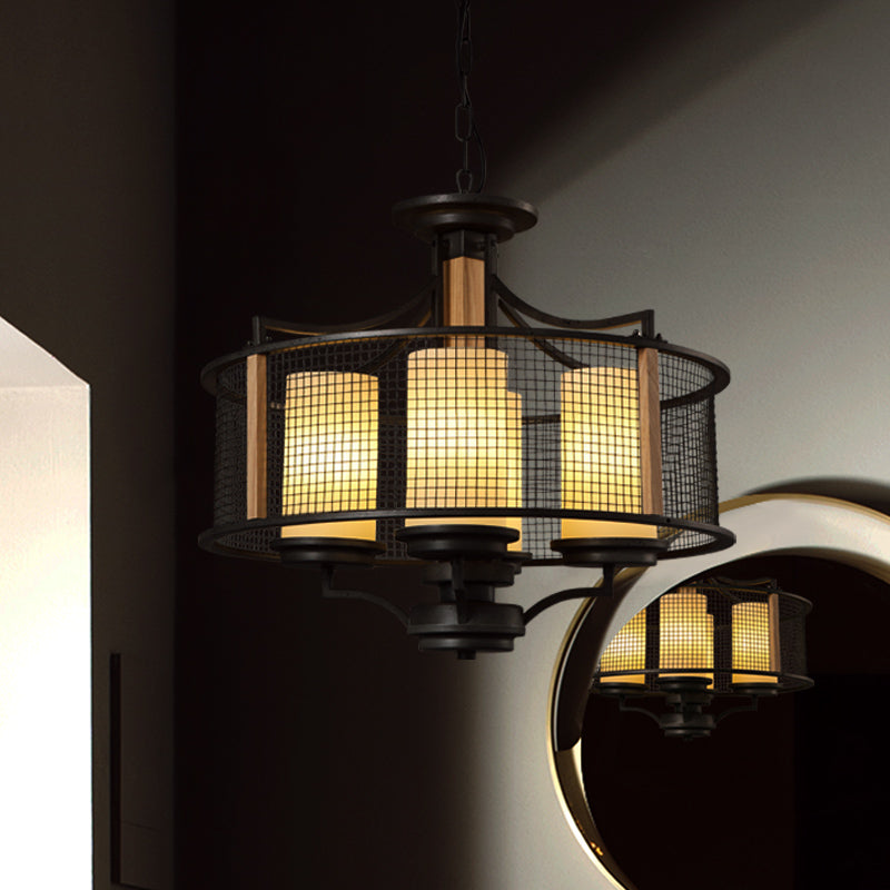Black Cylinder Hanging Chandelier Traditional Frosted Glass - Rebooters