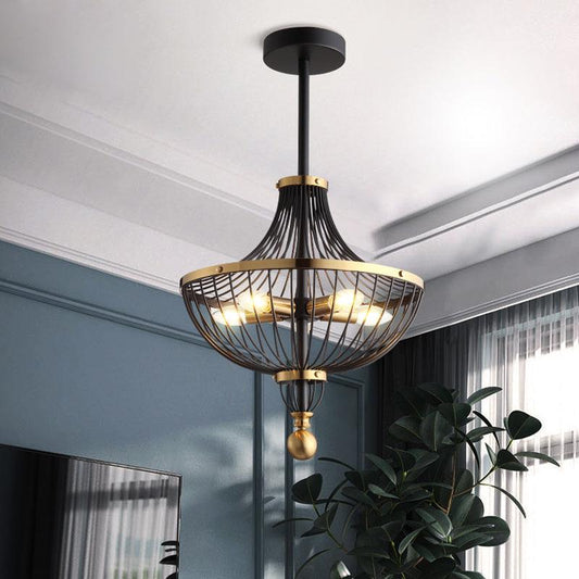 5 Lights Iron Ceiling Chandelier Vintage Black Finish Basket Cage Dining Room Light - Rebooters