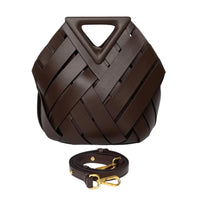 Brown woven leather handbag with a triangular handle and detachable gold clasp strap