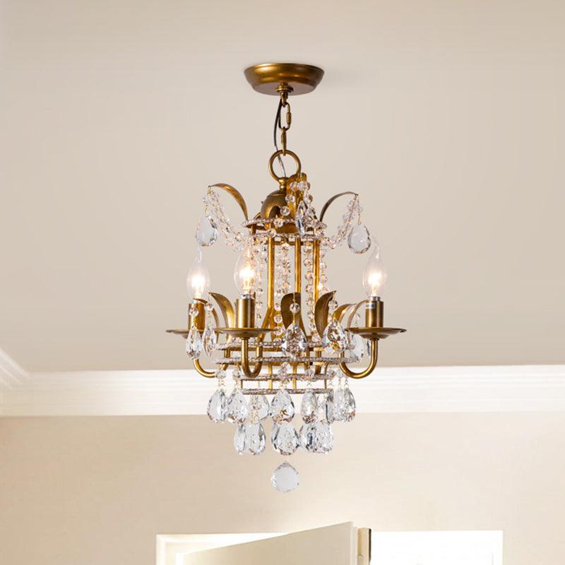 4 Lights Lantern Chandelier Lighting Classic Metal Ceiling Pendant in Gold with Beveled Crystal Droplet - Rebooters