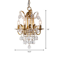 4 Lights Lantern Chandelier Lighting Classic Metal Ceiling Pendant in Gold with Beveled Crystal Droplet - Rebooters