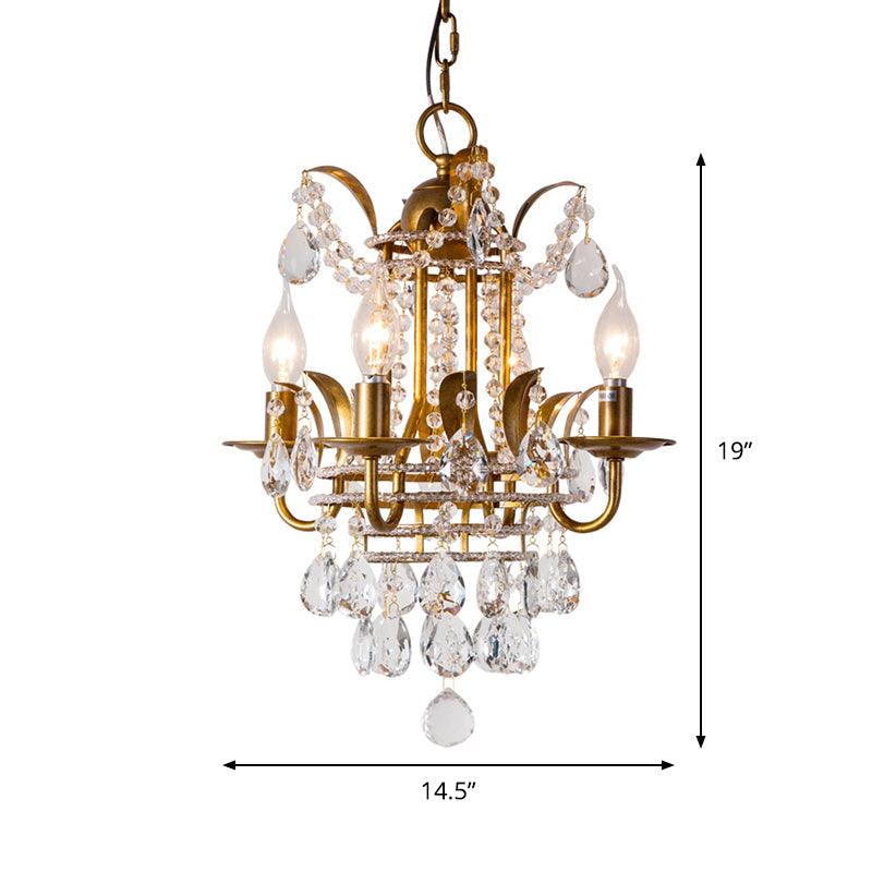 4 Lights Lantern Chandelier Lighting Classic Metal Ceiling Pendant in Gold with Beveled Crystal Droplet - Rebooters