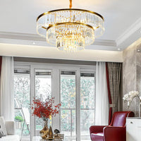 3-Tier Round Chandelier Light Fixture Contemporary Metal Pendant Lamp with Crystal Block in Gold - Rebooters