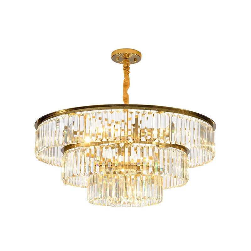3-Tier Round Chandelier Light Fixture Contemporary Metal Pendant Lamp with Crystal Block in Gold - Rebooters