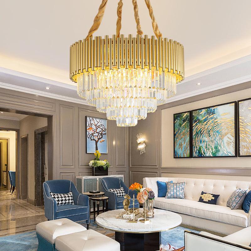 3-Tier Circle Hanging Lamp Contemporary Metal Pendant Chandelier Light with K9 Block in Brass Finish - Rebooters