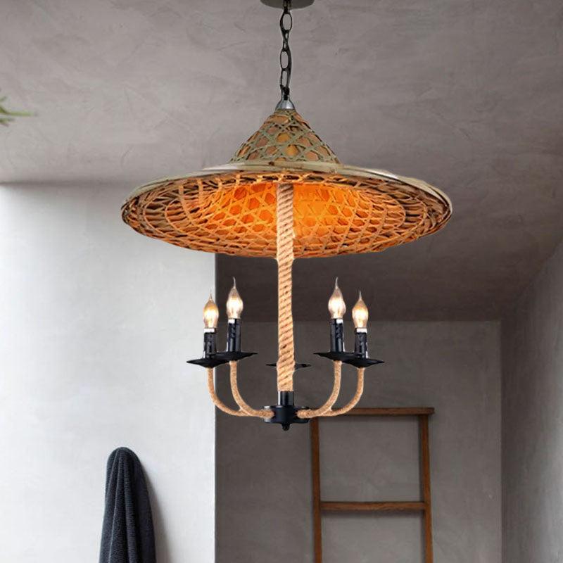 Candle Chandelier Lighting with Hat Design Lodge Style Rattan 5 Lights Beige Hanging Lamp - Rebooters