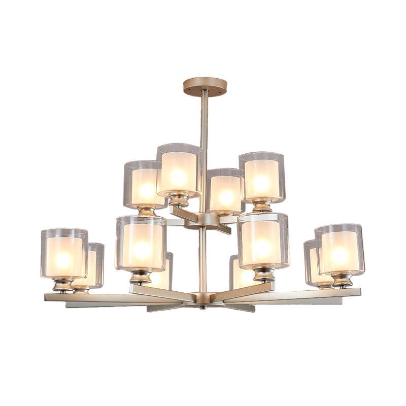 2-Tier Cylinder White Glass Chandelier with Radial Design - Rebooters