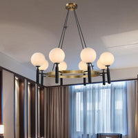 Sphere Chandelier Lighting with Circular Design Modern White Glass 8 Lights Black Hanging Fixture - Rebooters