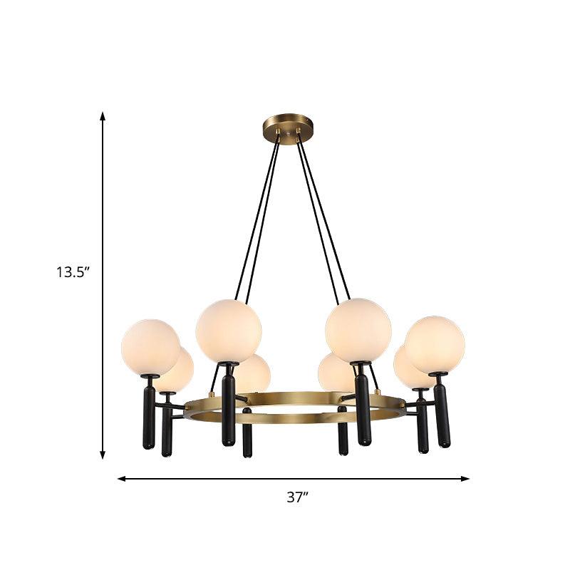 Sphere Chandelier Lighting with Circular Design Modern White Glass 8 Lights Black Hanging Fixture - Rebooters